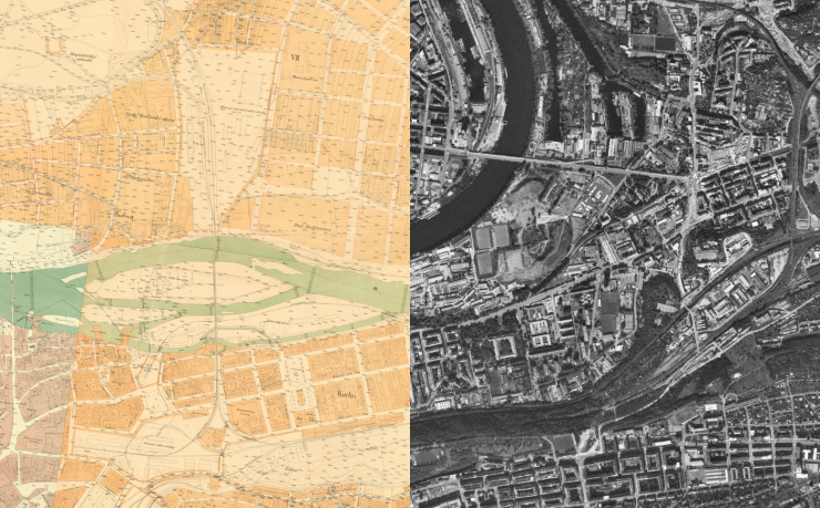 Jak se měnilo koryto Vltavy a podoba území dnešního Karlína? Srovnání map z roku 1889 a 1989
